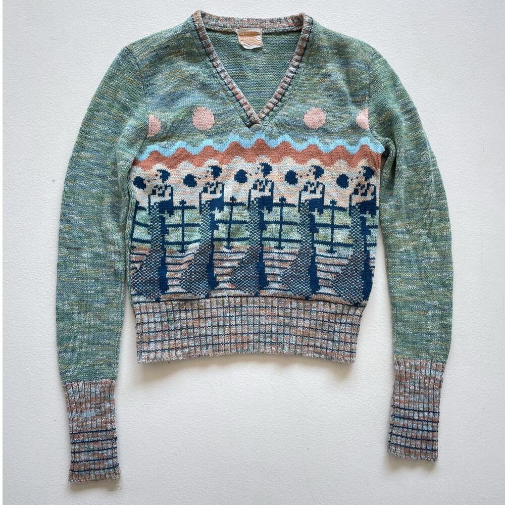 Vtg 70s Green Space Knit Art Deco Fitted Knit Sweater Top / Sz S Retro Landscape